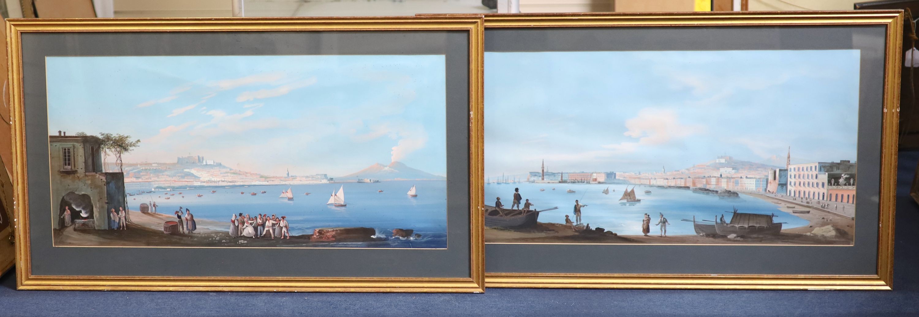 19th Century Neapolitan School, Views along the Bay of Naples looking to the East and West, gouache, a pair, 41 x 84.5cm.